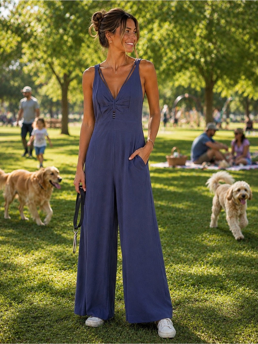 Deep V-Neck Navy Jumpsuit with Wide Legs